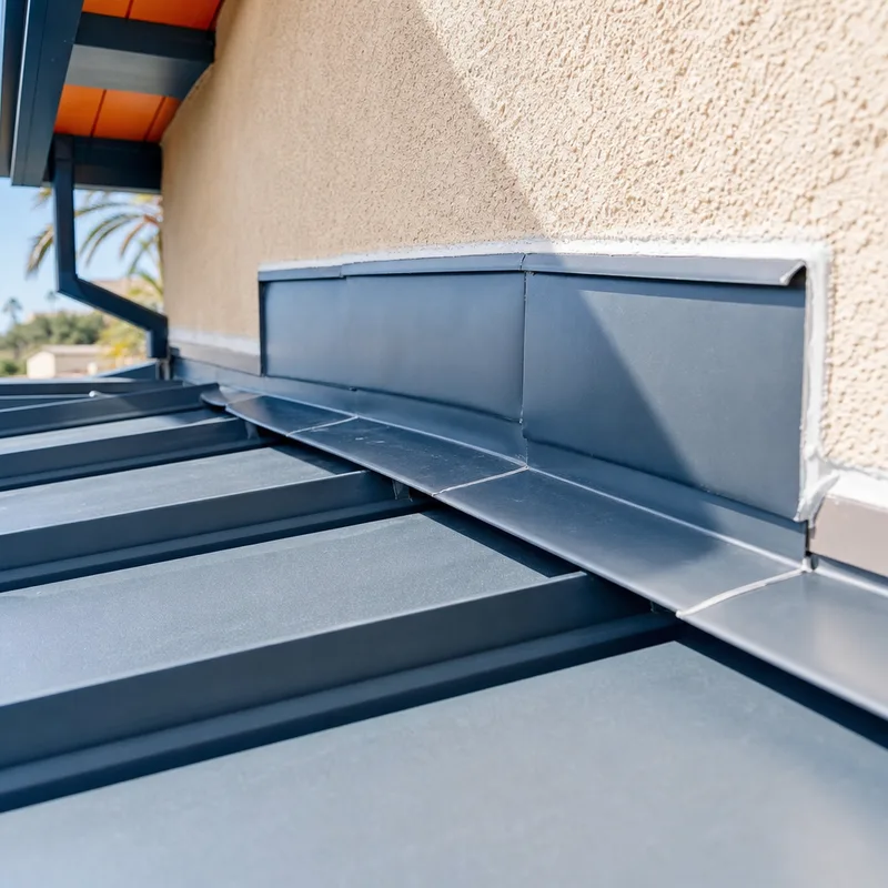 Properly installed roof flashing at a roof-to-wall transition with clean sealant lines and correctly lapped materials