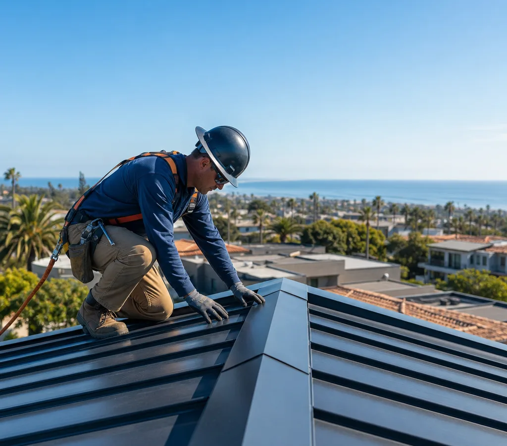 Roofer inspecting the ridge of a San Diego residential roof in bright daylight while wearing visible safety gear