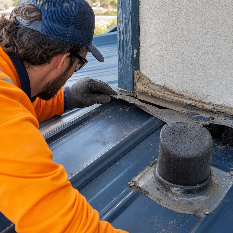 Weathered roof flashing with visible gaps and cracked sealant beside a deteriorated pipe boot