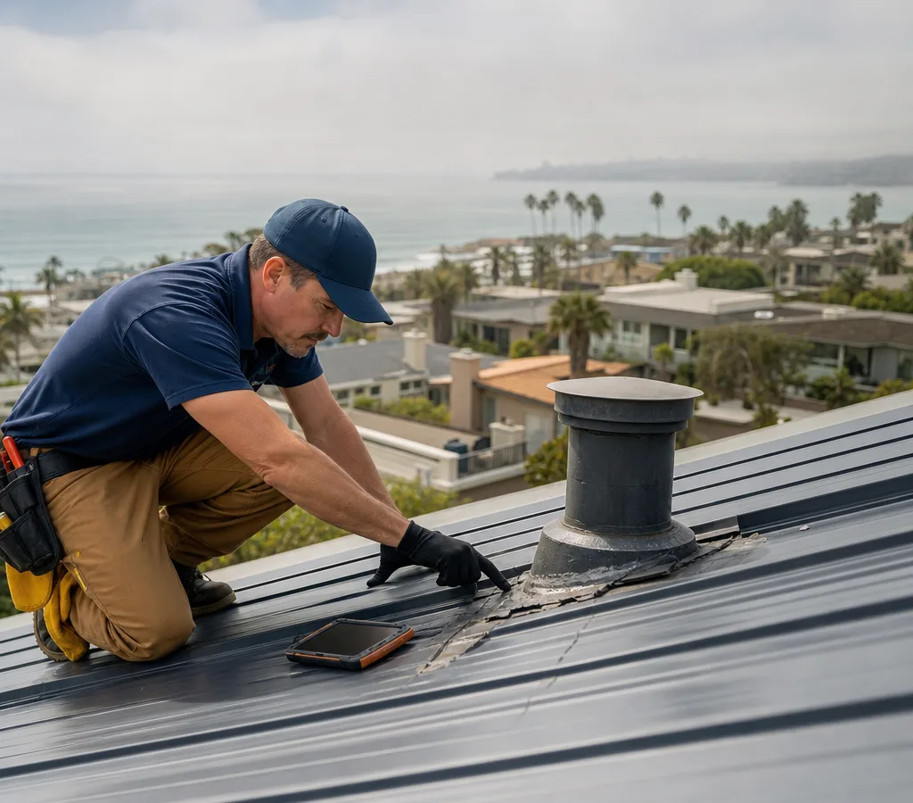 San Diego roofing technician tracing a leak path and documenting damaged flashing near a roof vent