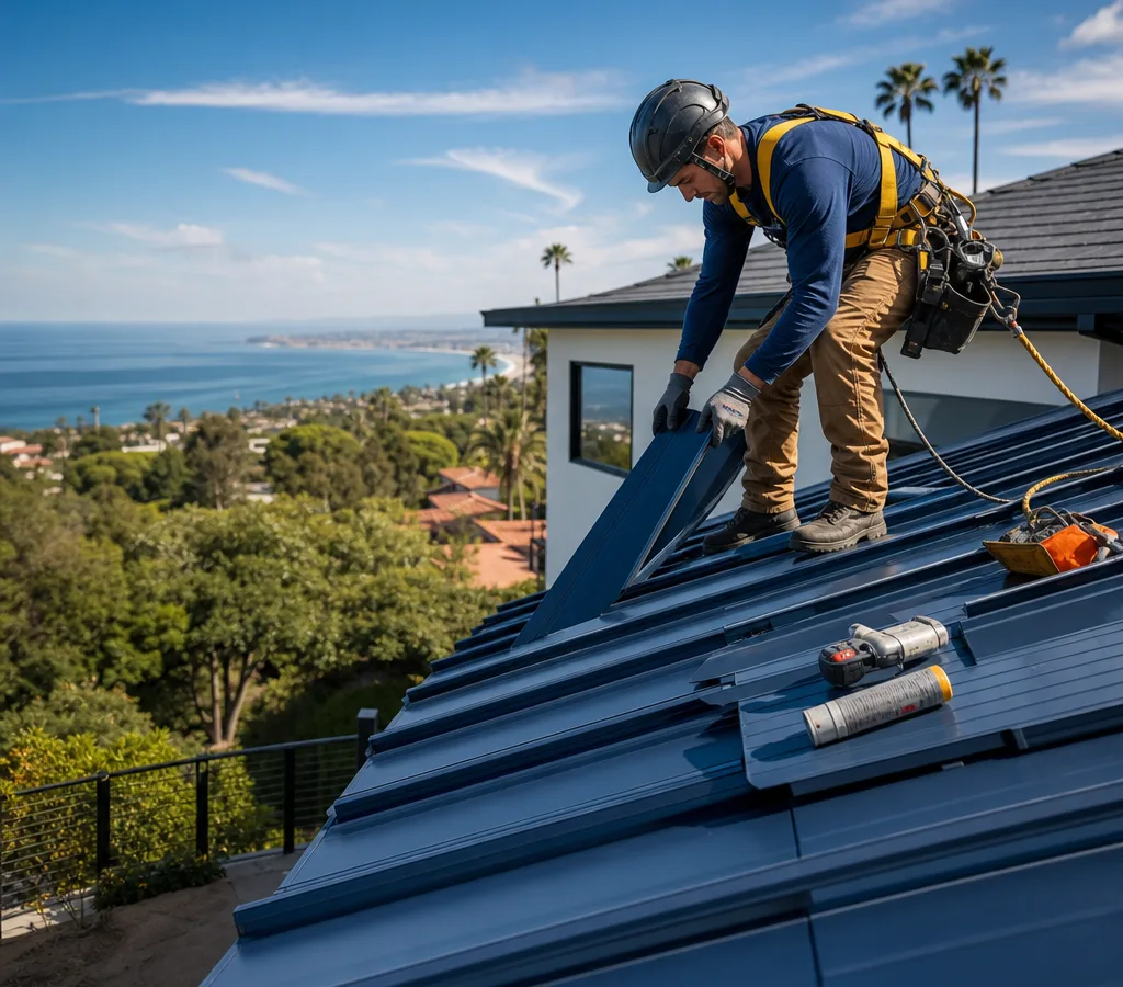 Contractor installing standing seam metal roofing panels on a residential San Diego roof with fall protection