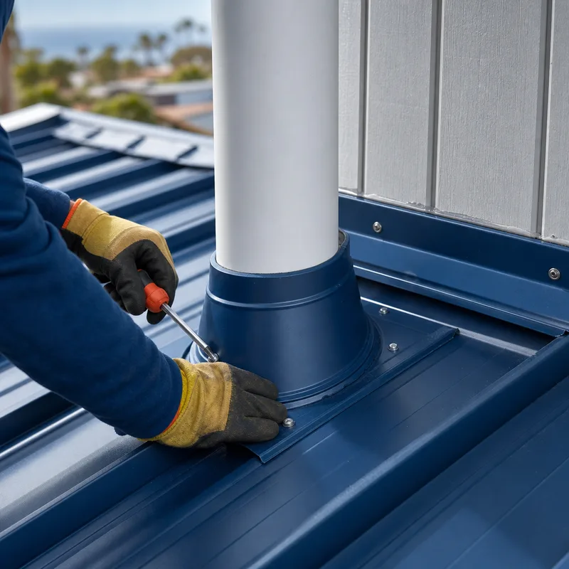 Properly installed flashing at a vent pipe and roof-to-wall transition with clean fasteners and neat sealant lines