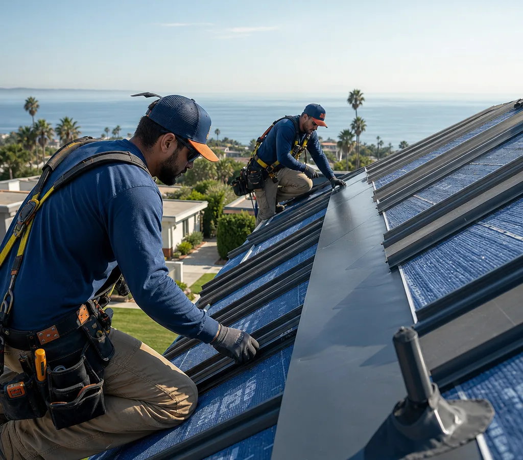 Roofing crew performing a detailed assessment on a San Diego home with underlayment, flashing, and an organized work area visible