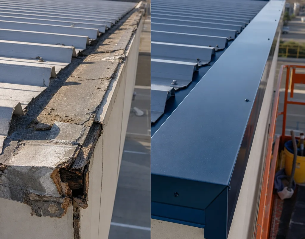 Before and after view of a failing commercial roof edge rebuilt with new edge metal and flashing