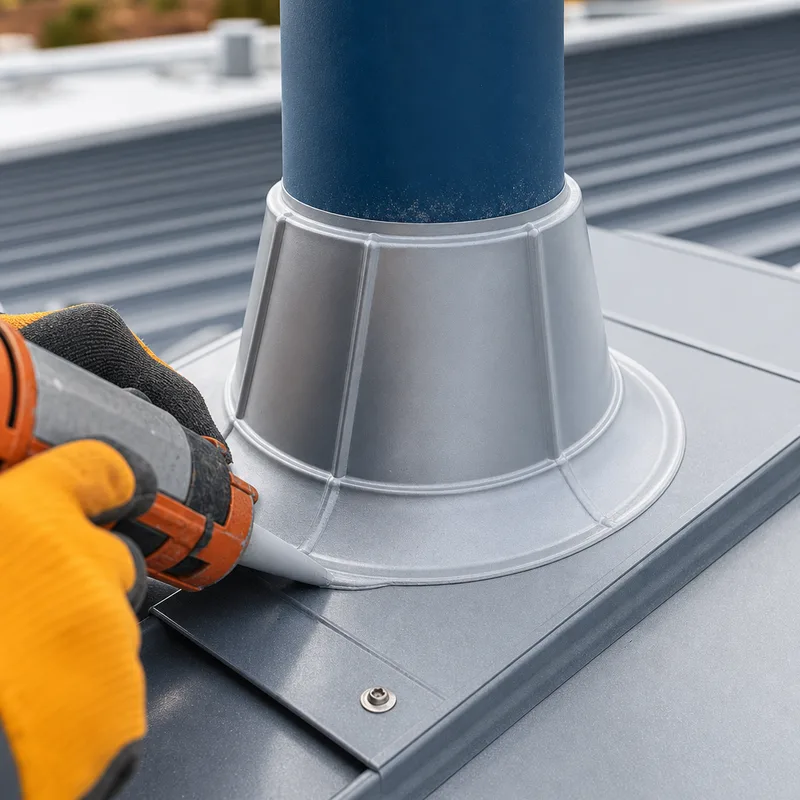 Properly terminated commercial roof penetration flashing with correctly arranged fasteners and tooled sealant