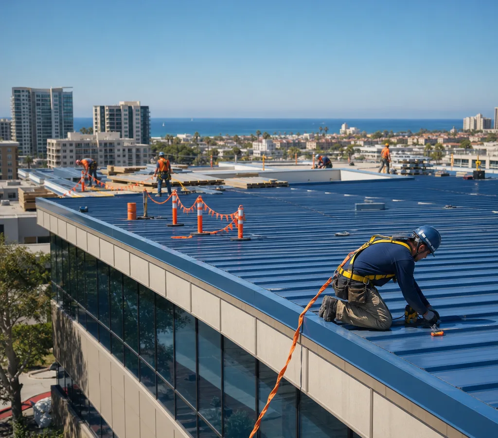 Commercial roofing crew working safely on a low-slope San Diego roof with fall protection and staged materials