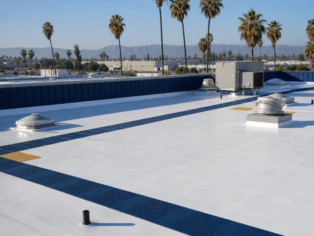 Finished commercial roof with clean membrane, straight edge metal, walk pads, and clear drainage paths