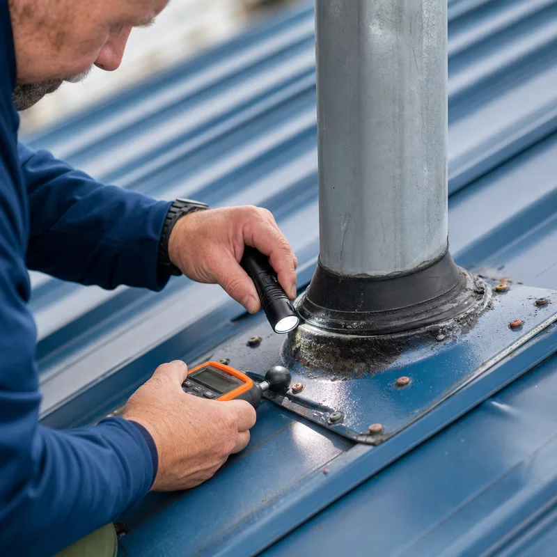 Technician inspecting a water-stained roof penetration and flashing with a flashlight and moisture meter during an emergency leak call