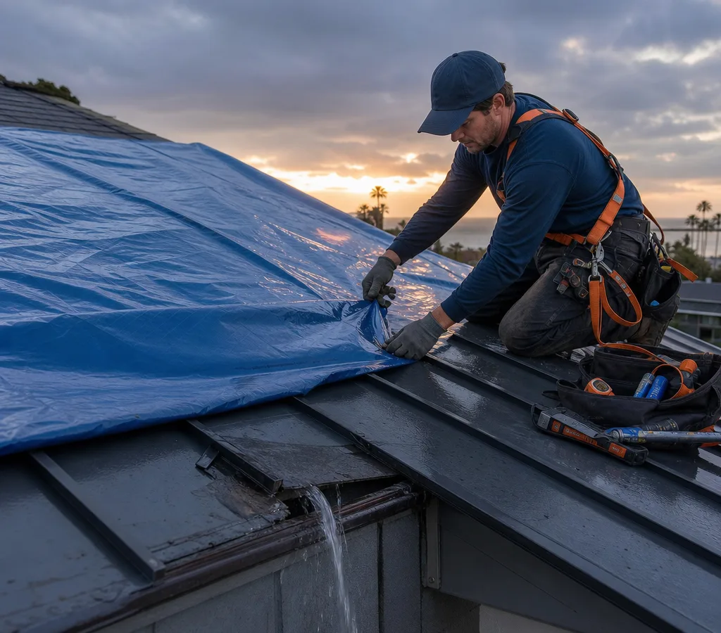 San Diego roofing technician installing temporary waterproof protection on a storm-damaged sloped residential roof at dusk