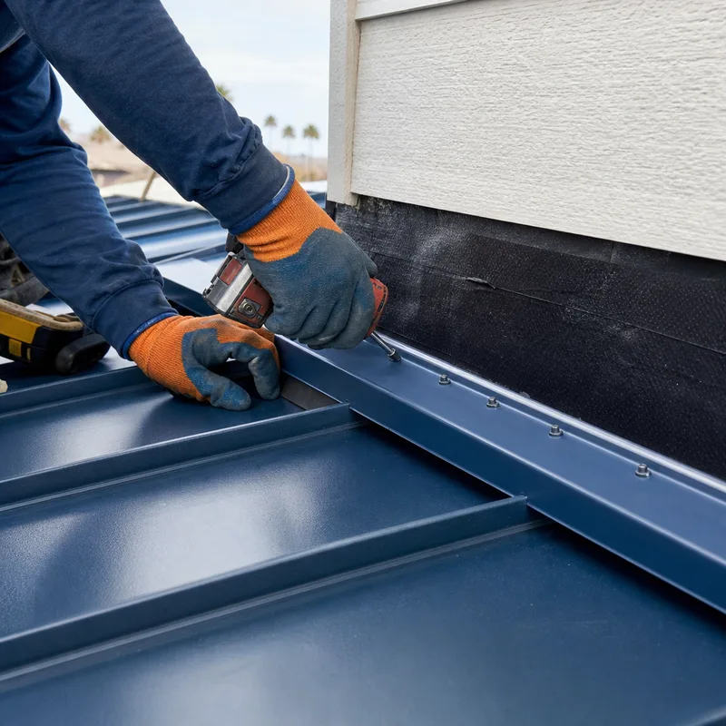 Close-up of properly installed flashing at a wall-to-roof transition with metal panels, clean sealant lines, fasteners, and underlayment termination