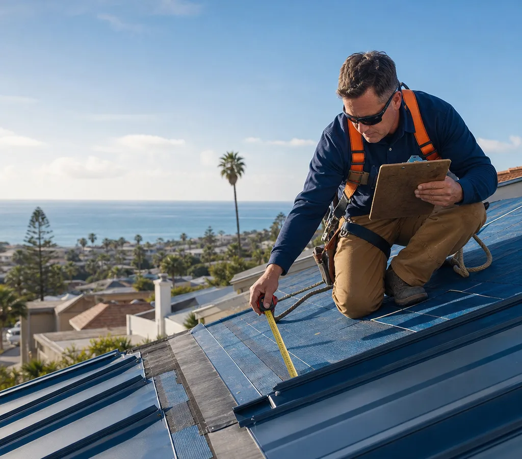 Contractor measuring a sloped San Diego residential roof with a clipboard and tape measure beside visible underlayment and flashing details