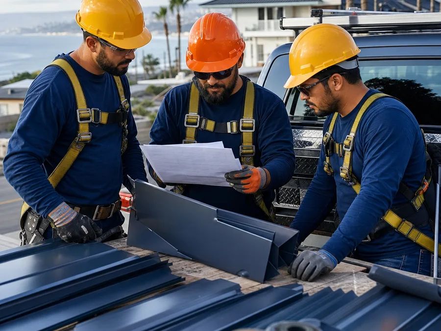 Roofing crew reviewing metal roofing panels and flashing components with a written scope